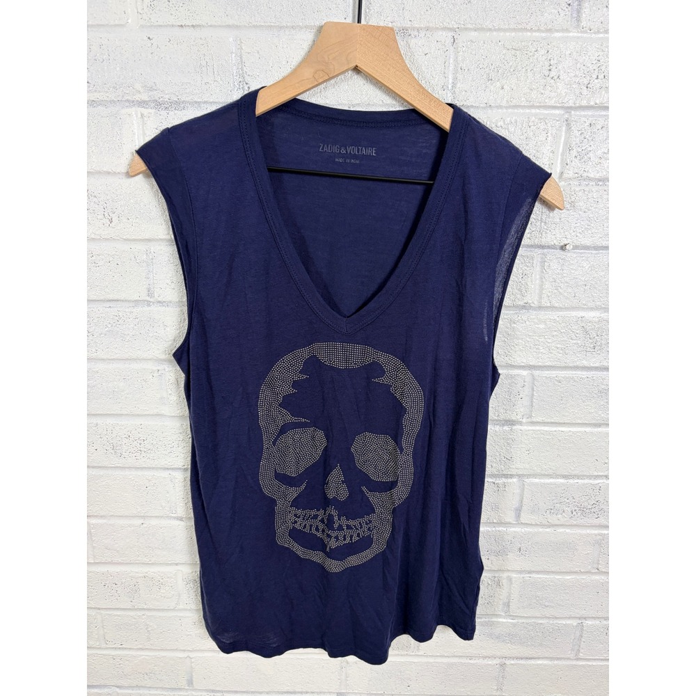Zadig & Voltaire Brooklyn Strass Tank Top Womens S Blue Skull Rhinestone Tee